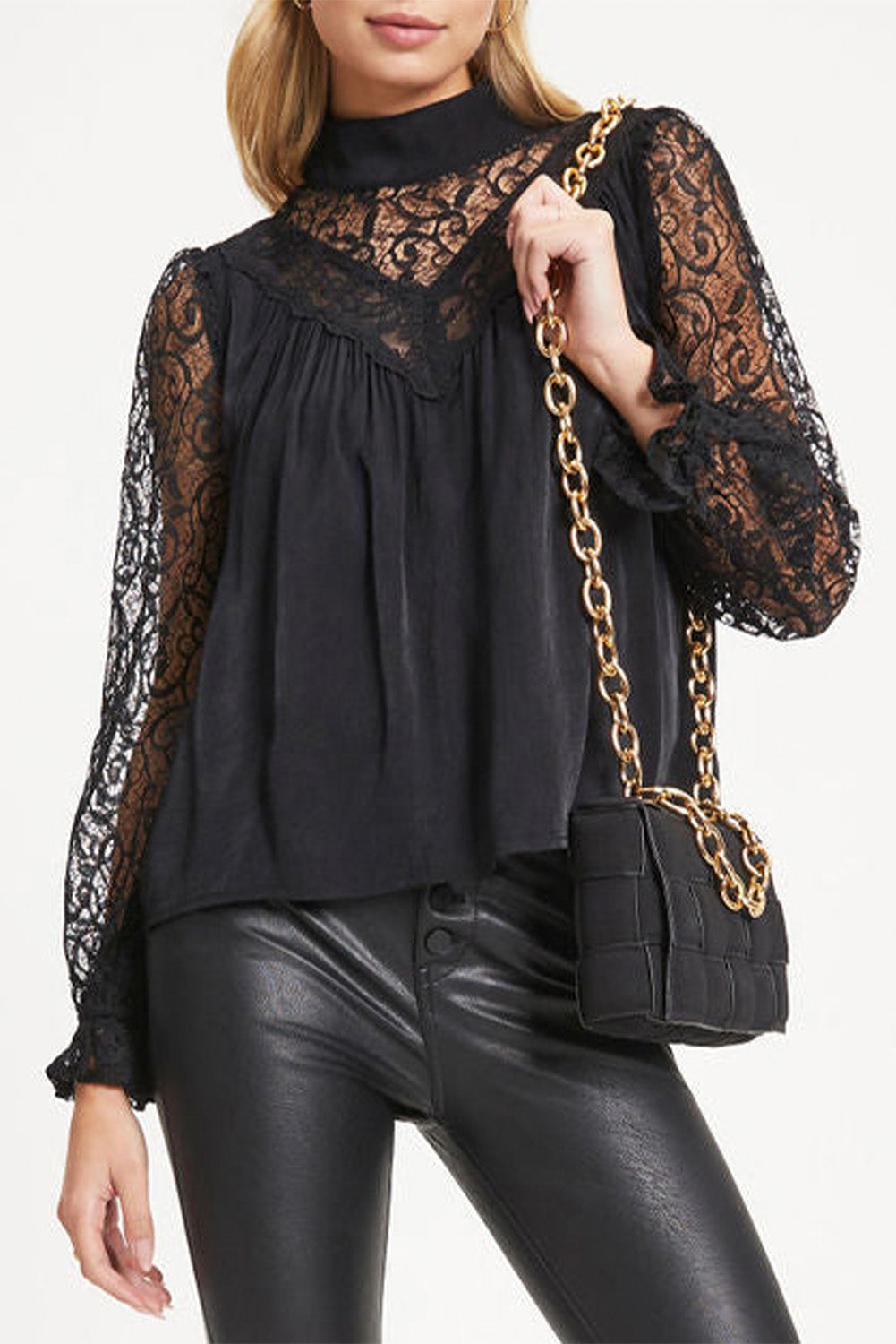 Lace Mock Neck Long Sleeve Blouse