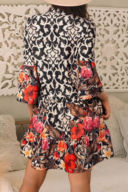 Floral 3/4 Sleeve V-Neck Dress