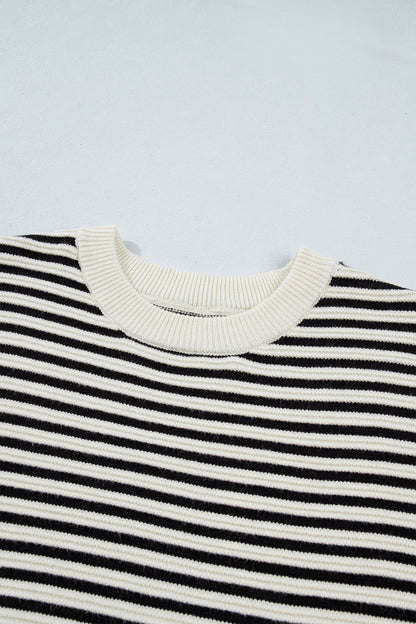 Stripe Ribbed Trim Reverse Seam Drop Shoulder Sweater
