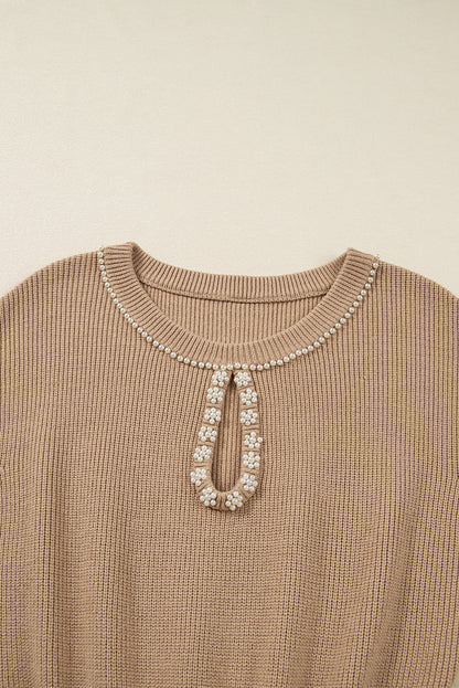 Pearl Embellished Keyhole Ribbed Sweater Dress