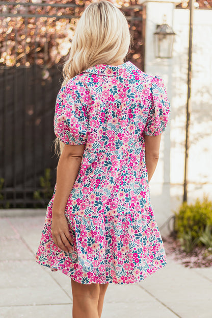 Floral Collared Half-Placket Short Sleeve Mini Dress