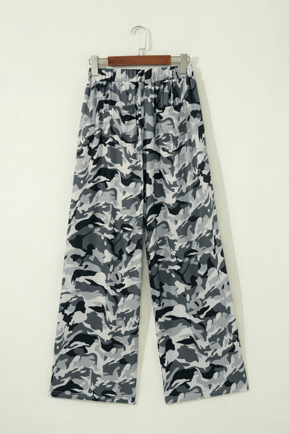 Camo Drawstring High Waist Wide Leg Pants