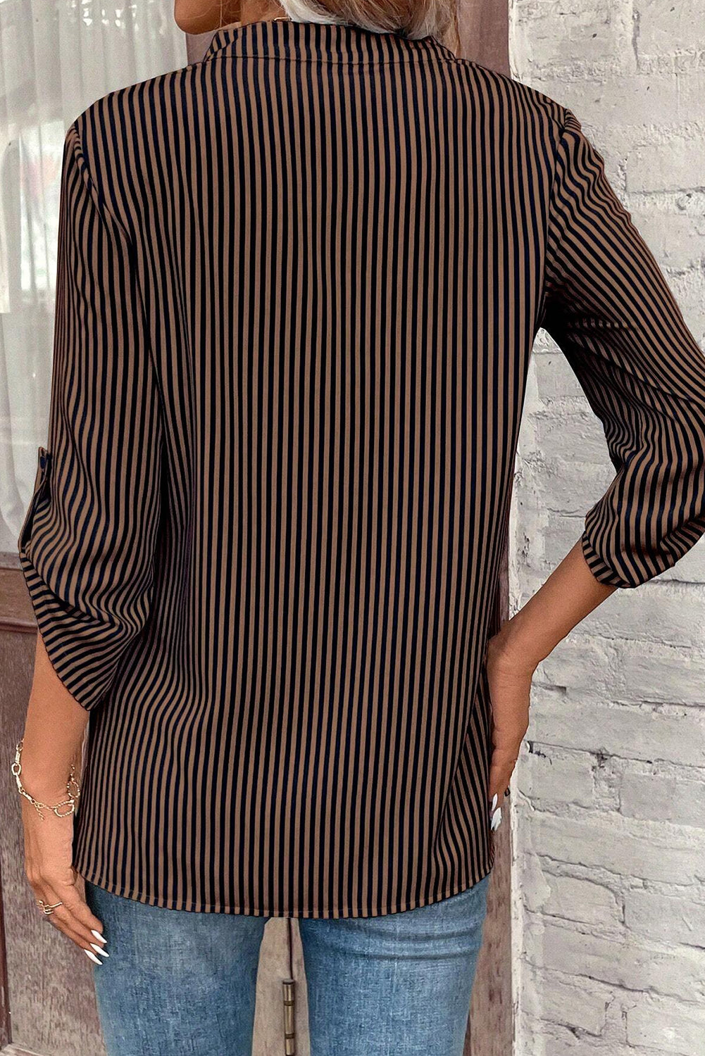 Stripe Tab Sleeve V-Neck Shirt