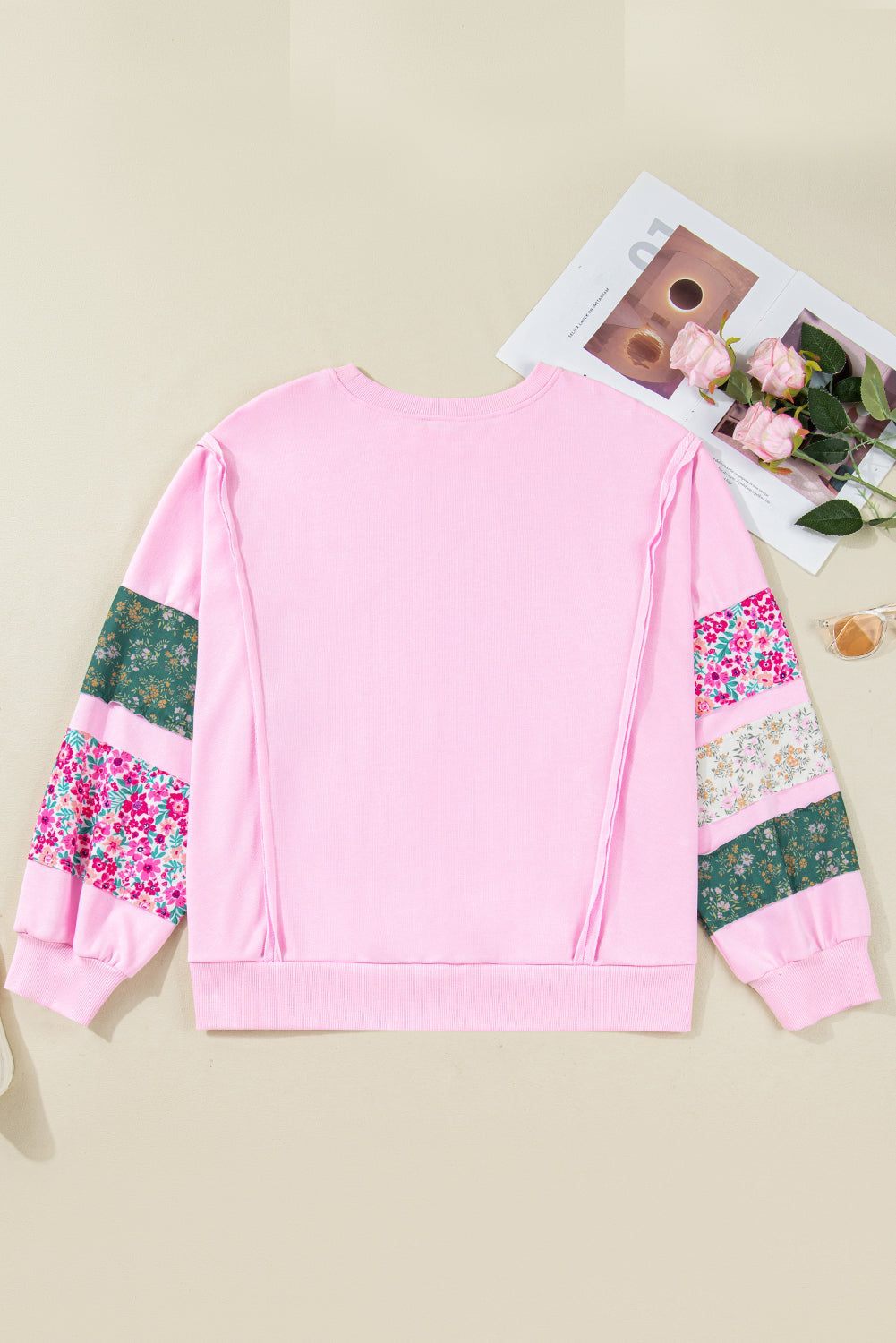 Plus Size Floral Patch Sleeve Ribbed Trim Sweatshirt