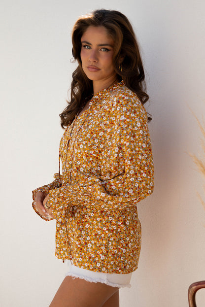 Boho Floral Ruffle Bubble Sleeve V-Neck Blouse