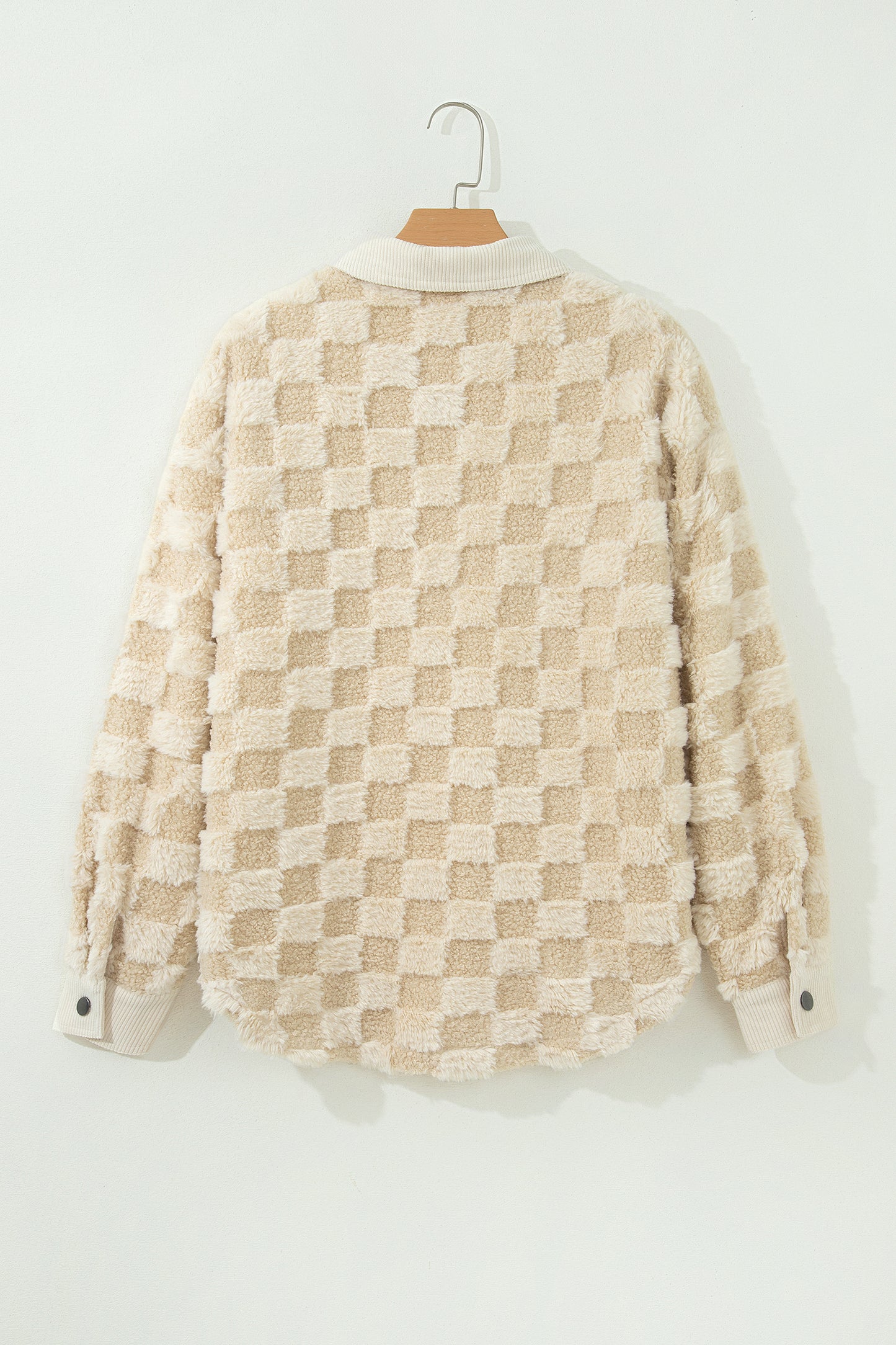 Checker Plush Fleece Corduroy Trim Buttoned Shacket