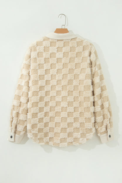 Checker Plush Fleece Corduroy Trim Buttoned Shacket