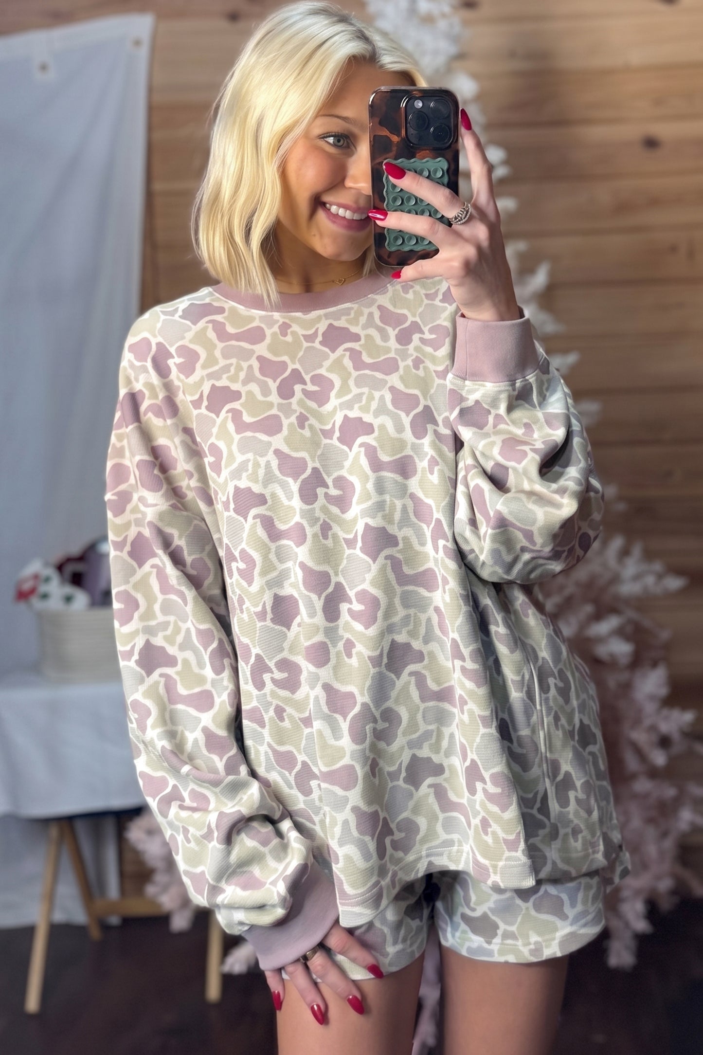Camo Waffle Knit Long Sleeve Top & Shorts Set