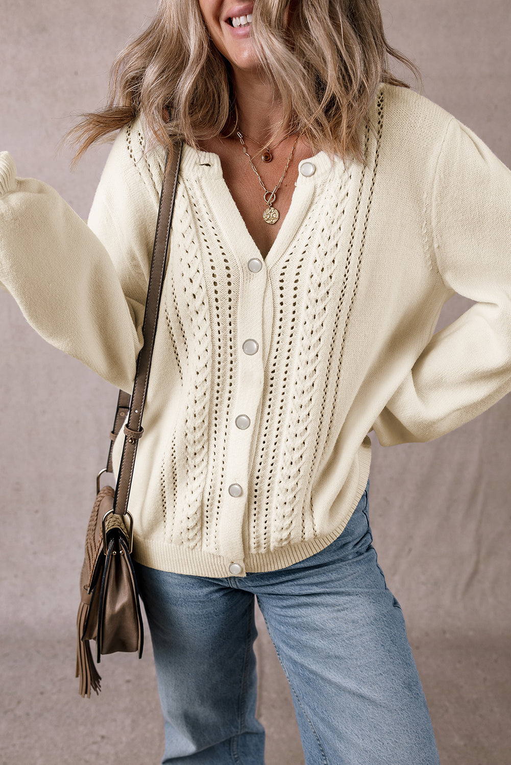 Hollowed Knit Pleated Sleeve Cardigan