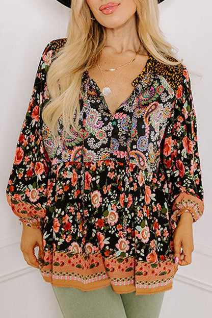 Plus Size Floral V-Neck Bubble Sleeve Blouse