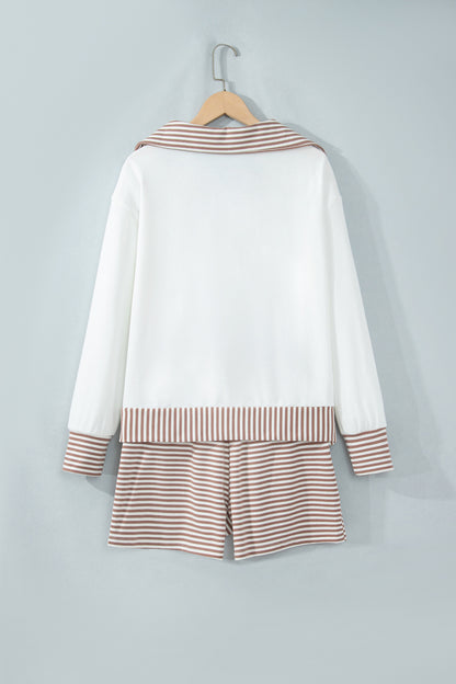 Stripe Patchwork Long Sleeve Top & Shorts Set