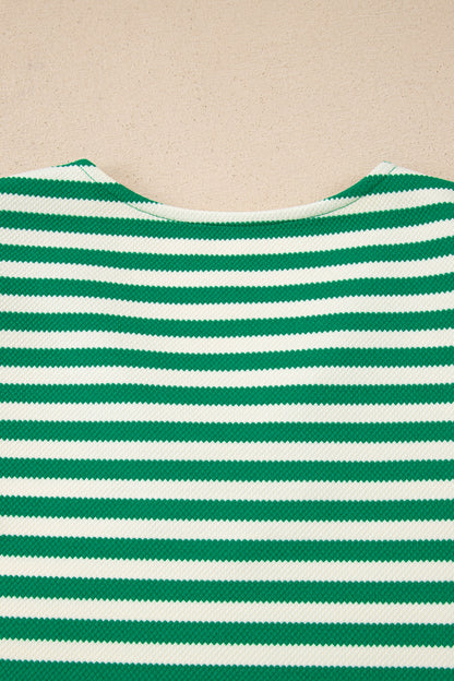 Stripe Patchwork Puff Short Sleeve V-Neck Blouse