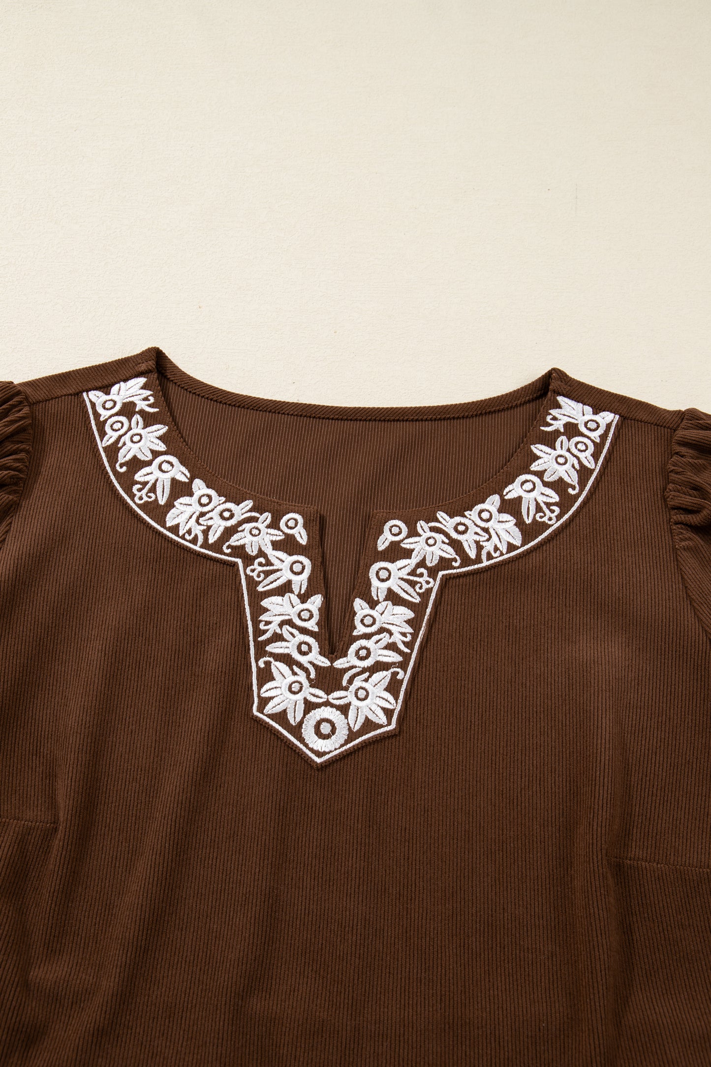 Plus Size Textured Corduroy Embroidered Neckline Midi Dress