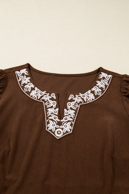 Plus Size Textured Corduroy Embroidered Neckline Midi Dress