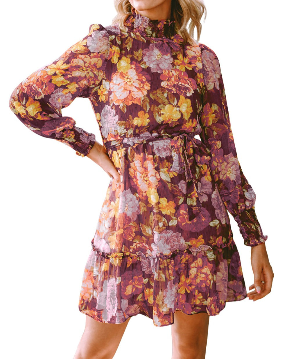 Floral Smocked Mock Neck Dress