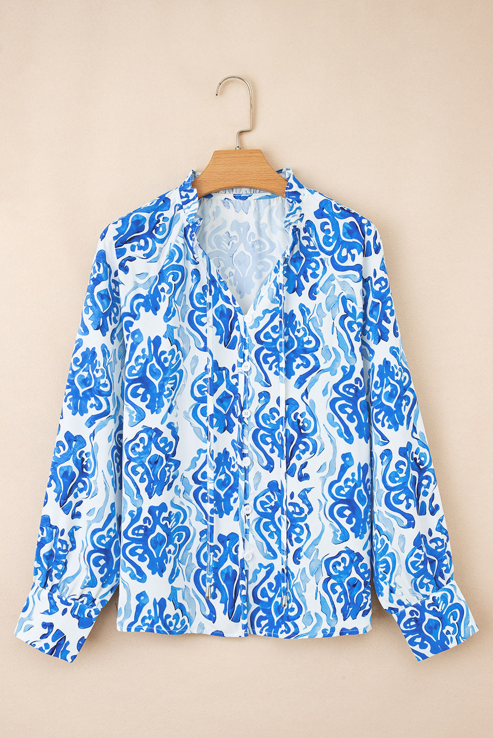Abstract Tie-Neck Button- Up Puff Sleeve Shirt
