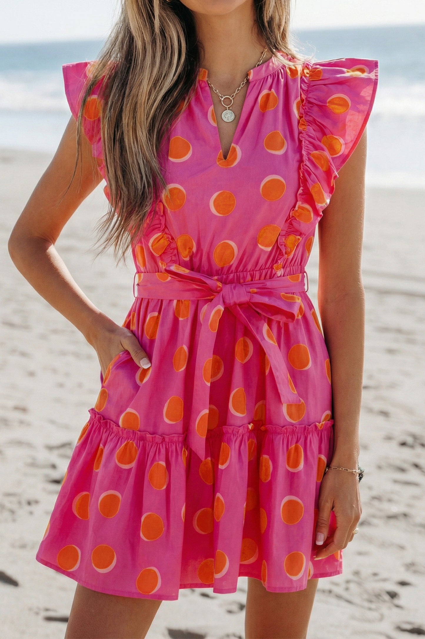 Polka Dot V-Neck Ruffle Belted Mini Dress