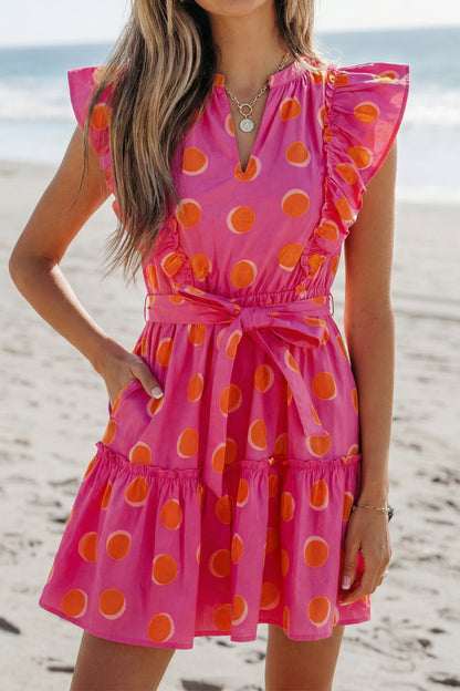 Polka Dot V-Neck Ruffle Belted Mini Dress