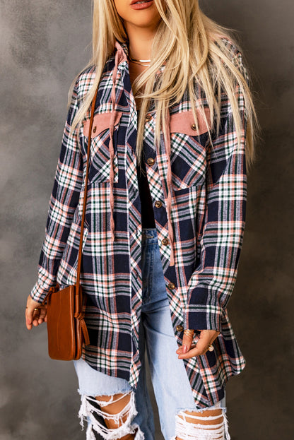 Plaid Contrasting Hood Pocketed Shacket