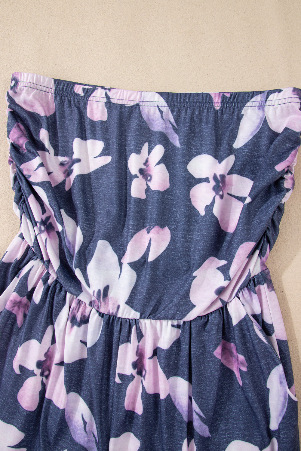 Floral Ruched Strapless Bandeau Pocketed Romper