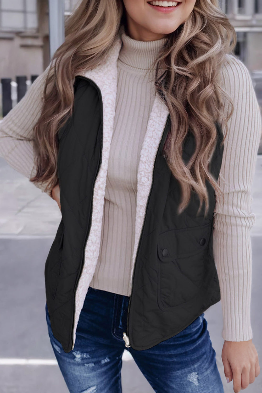 Solid Fleece Lined Quilted Vest Coat