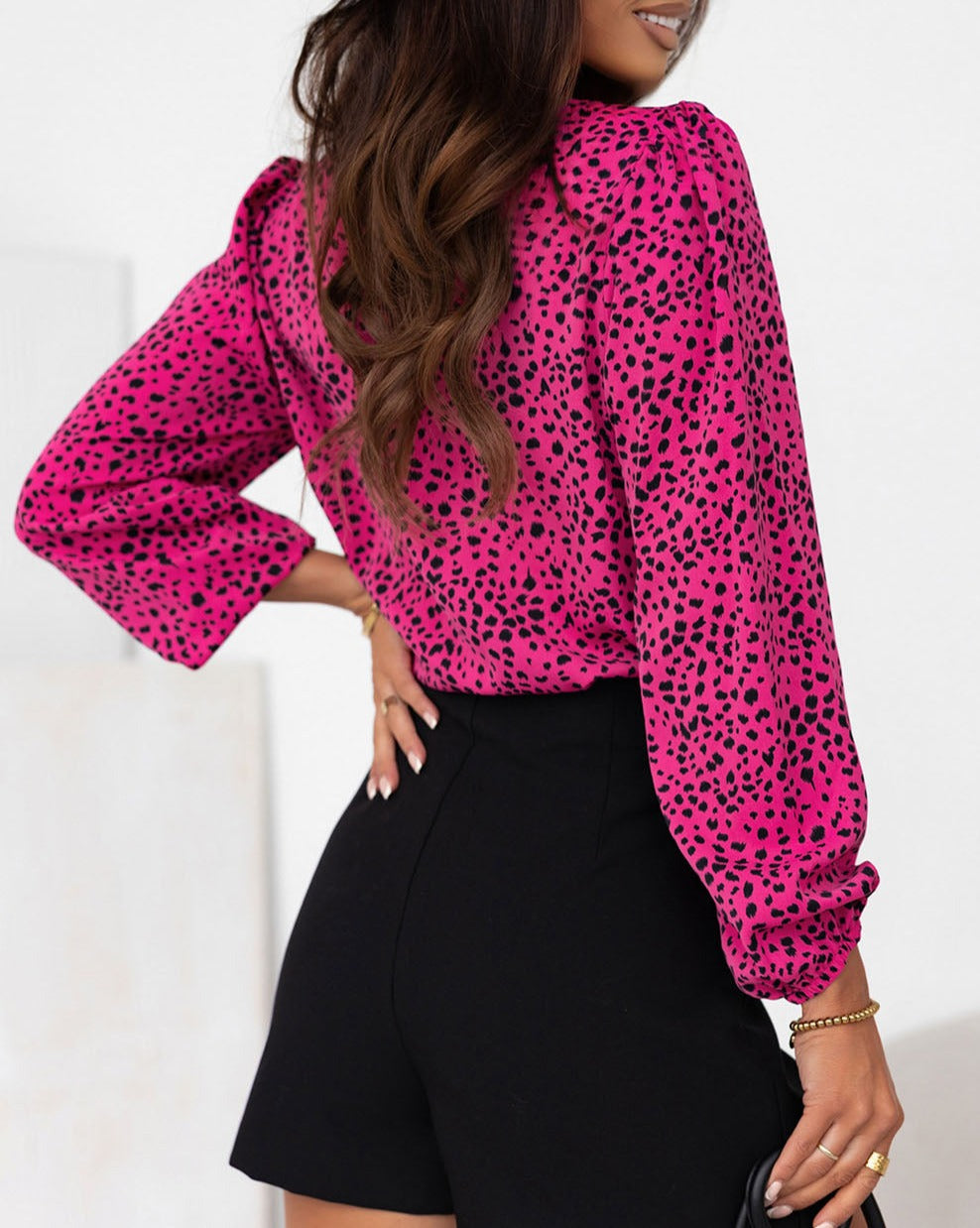 Leopard Pleated Long Sleeve Blouse