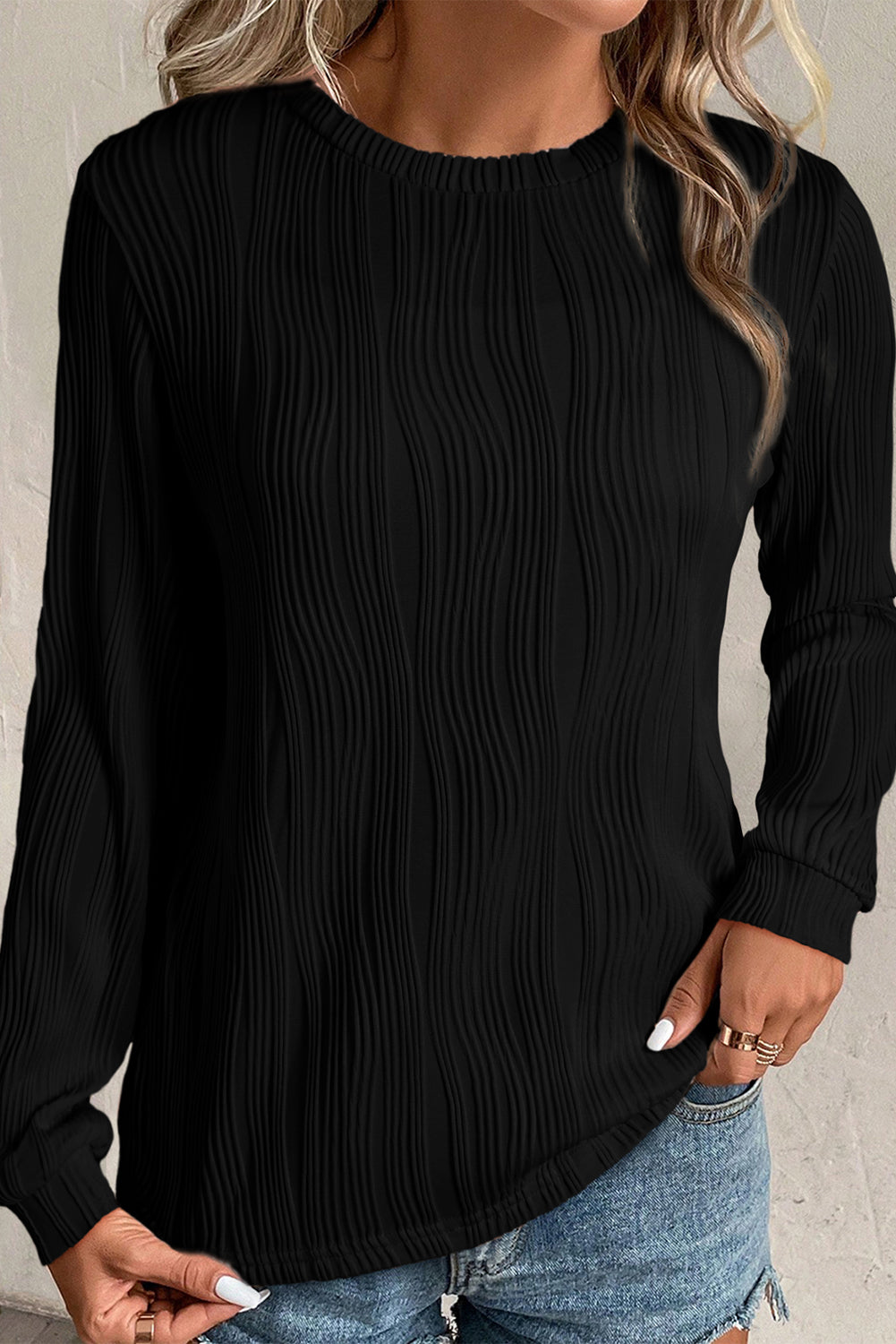 Wavy Texture Long Sleeve Top