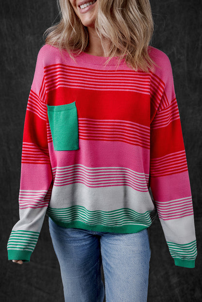 Stripe Pocketed Drop Shoulder Sweater