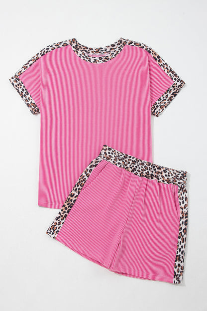 Leopard Trim Corded Knit Top & Shorts Set