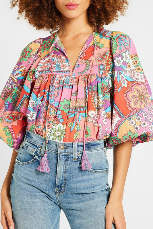 Boho Floral Bubble Sleeve Blouse