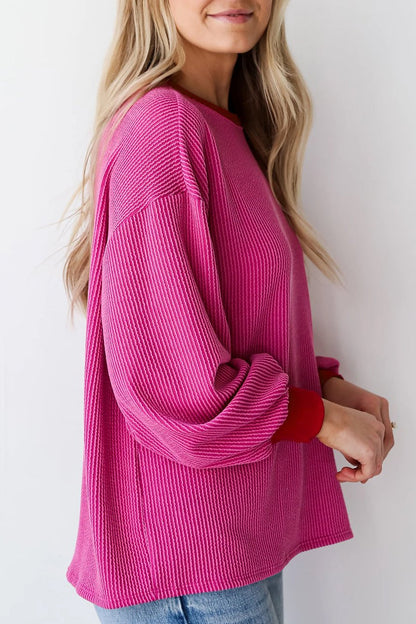 Corded Contrast Trim Long Sleeve Top