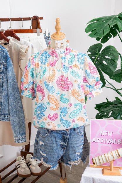 Paisley Button Keyhole Puff Sleeve Blouse