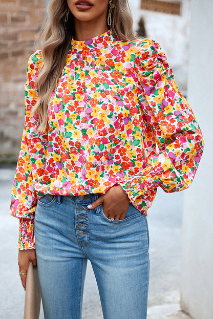 Floral Ruched Puff Sleeve Blouse