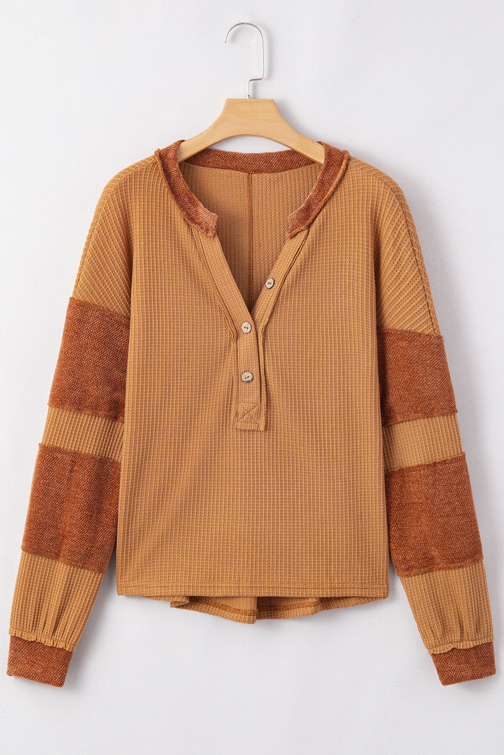 Colorblock Waffle Knit Exposed Seam Long Sleeve Top
