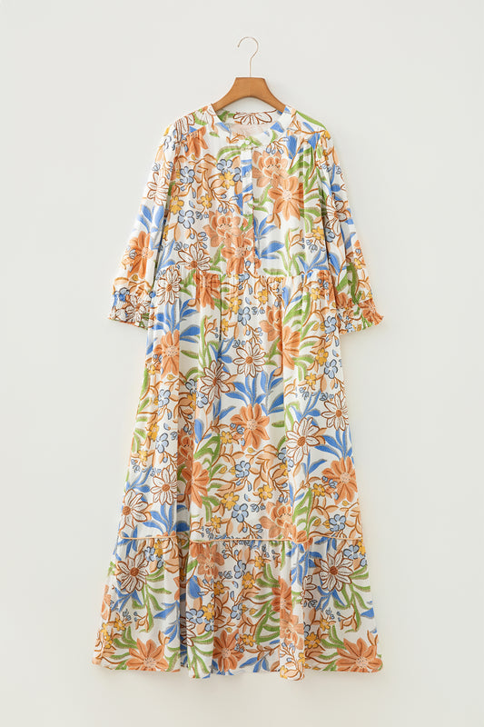 Plus Size Floral 3/4 Sleeve Tiered Dress