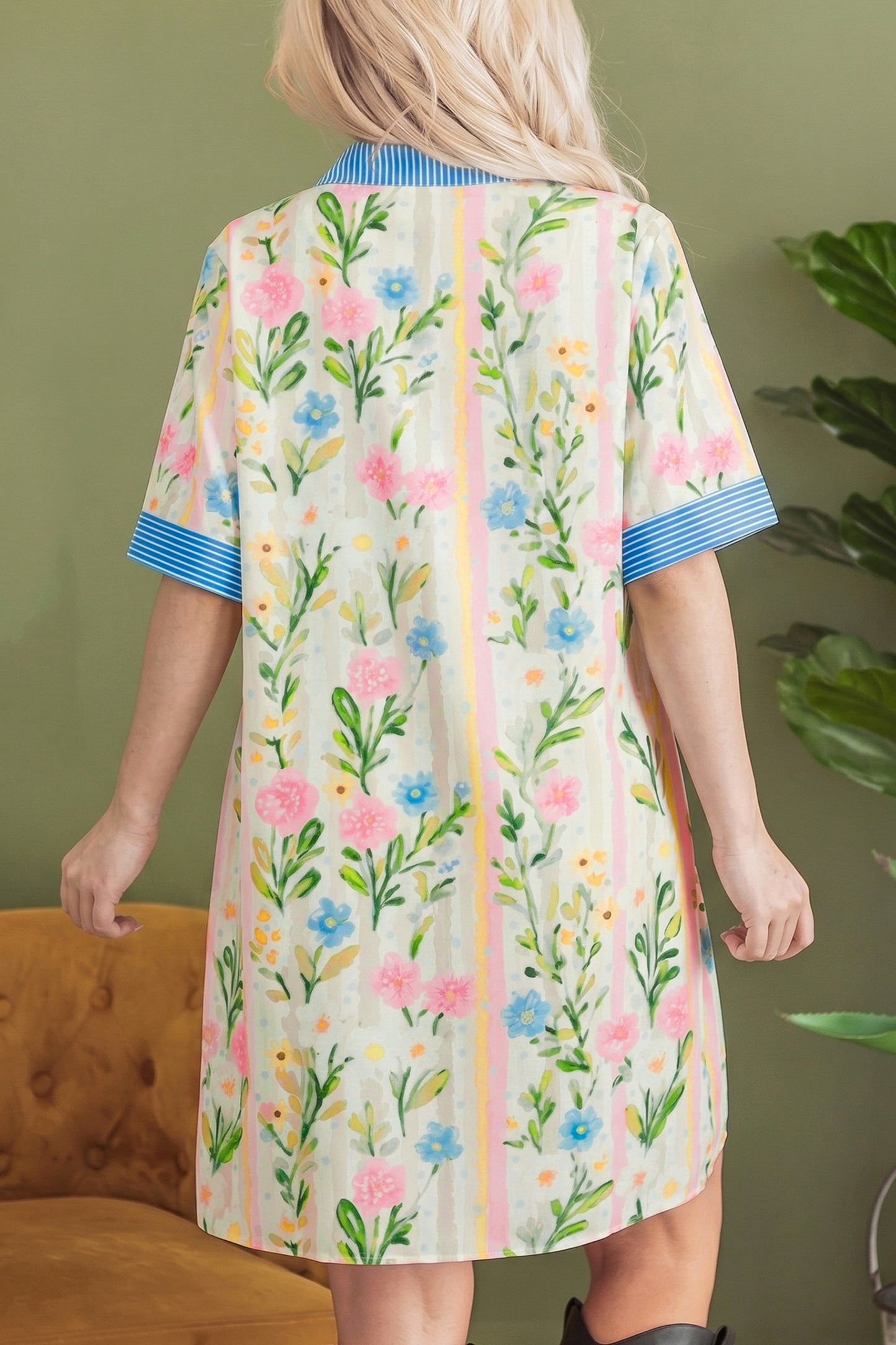 Floral Stripe Trim Button Down Dress