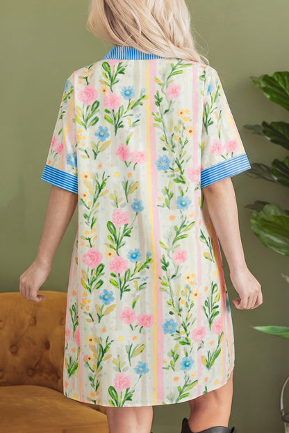 Floral Stripe Trim Button Down Dress