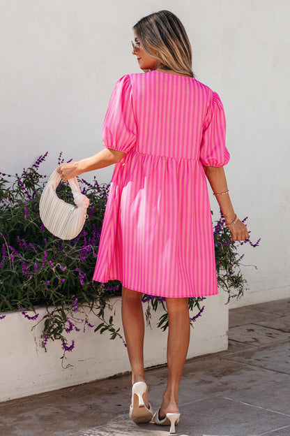 Stripe Bow Tie Front Short Puff Sleeve Dress