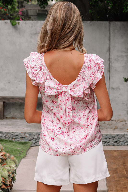 Floral Bow-Back Square Neck Ruffle Sleeve Blouse
