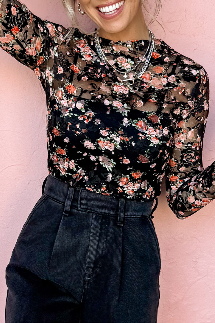 Floral Mesh Long Sleeve Top