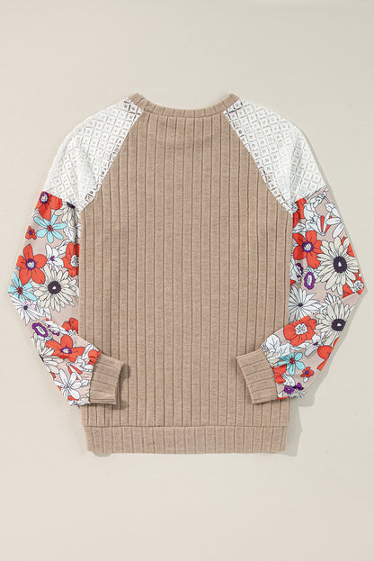 Floral Ribbed Patchwork Long Sleeve Blouse
