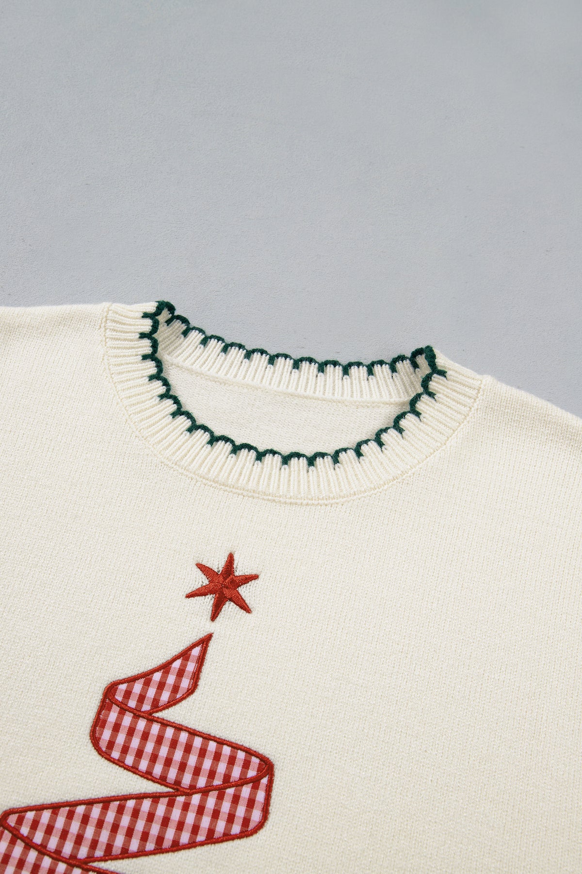 Gingham Christmas Tree Contrast Stitching Sweater