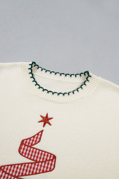 Gingham Christmas Tree Contrast Stitching Sweater