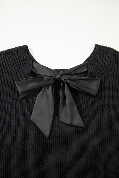 Ribbon Knot Backless Drop Shoulder Ribbed Sweater