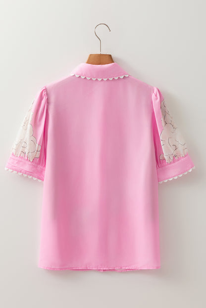 Floral Ricrac Trim Puff Sleeve Buttoned Shirt