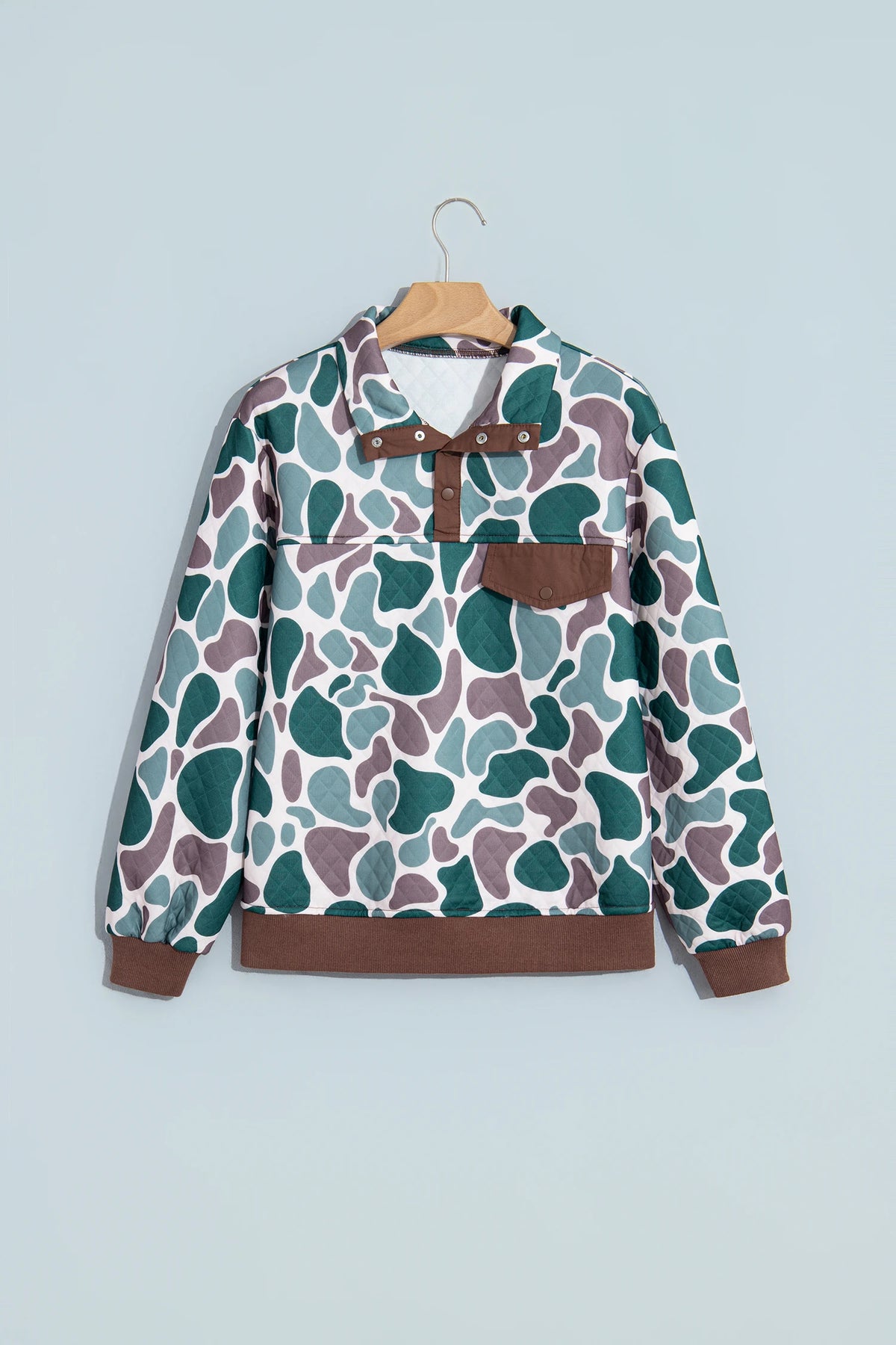 Retro Camo Colorblock Snap Button Pullover Sweatshirt