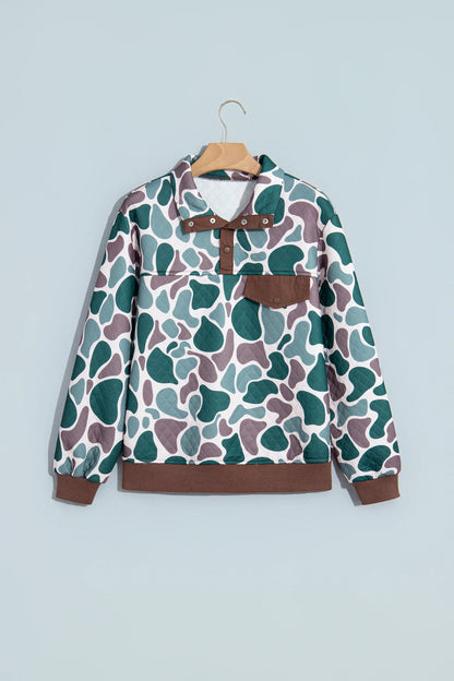 Retro Camo Colorblock Snap Button Pullover Sweatshirt