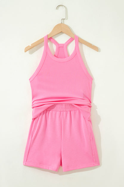 Solid Ribbed Tank Top & Shorts Set