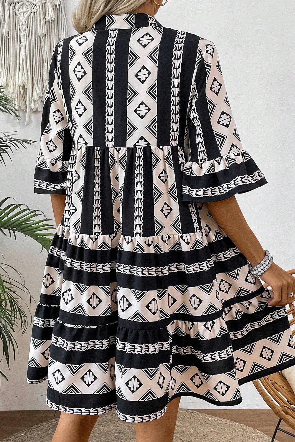 Geometric V-Neck Ruffle Dress