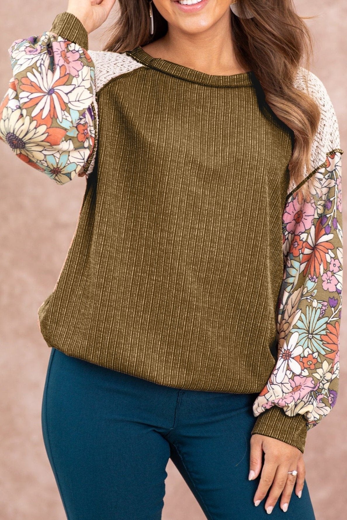 Floral Lace Patchwork Ribbed Blouse